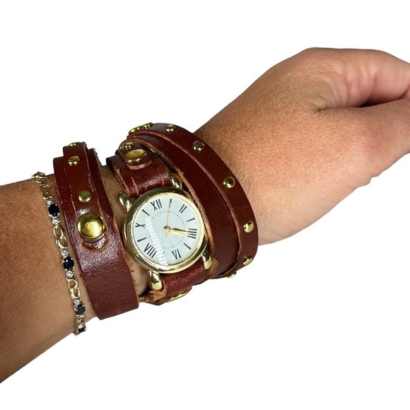 Brown Leather Gold Studded Wrap Long Belt Strap Bracelet Watch 25 mm Biker Moto - Picture 1 of 15
